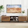 Walnut TV stand for TVs up to 80", showcasing a spacious tabletop and elegant rustic design with metal legs for.