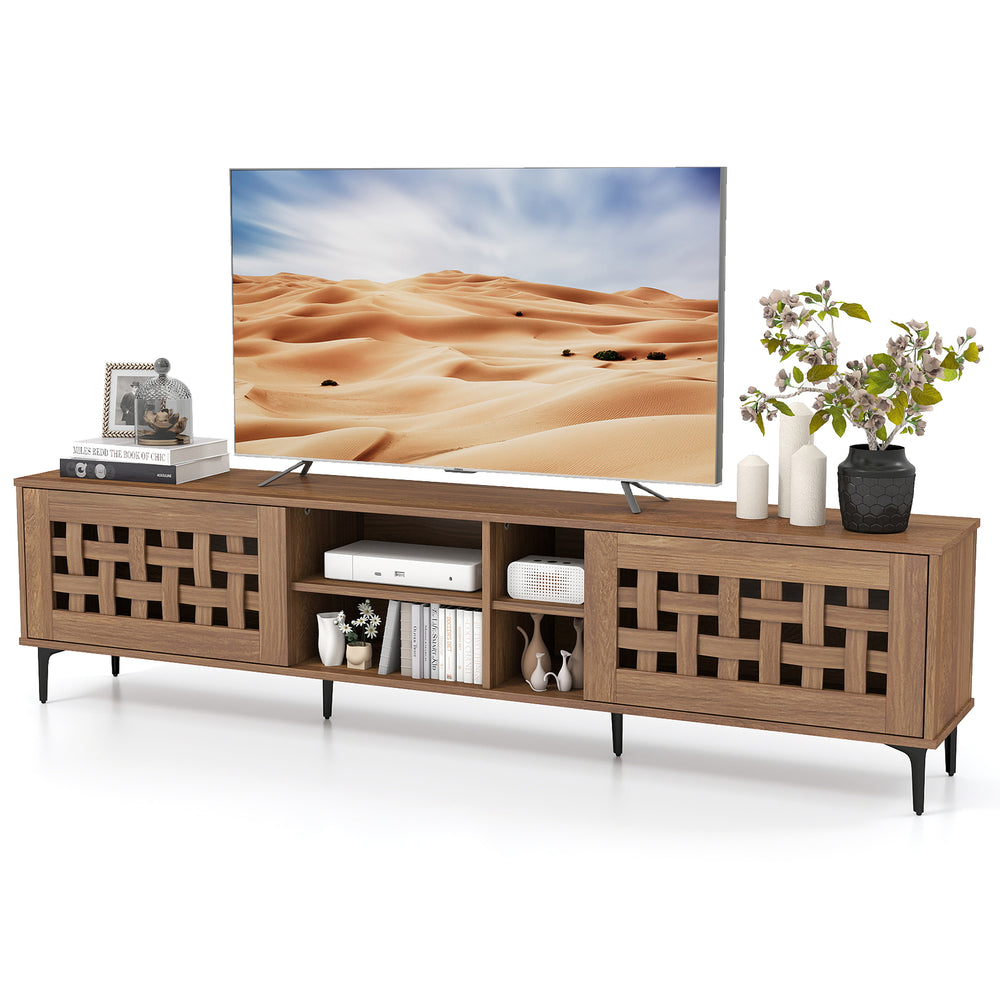 Walnut TV stand for TVs up to 80", featuring 2 doors, storage cabinets, and an artistic cut-out design for stylish.