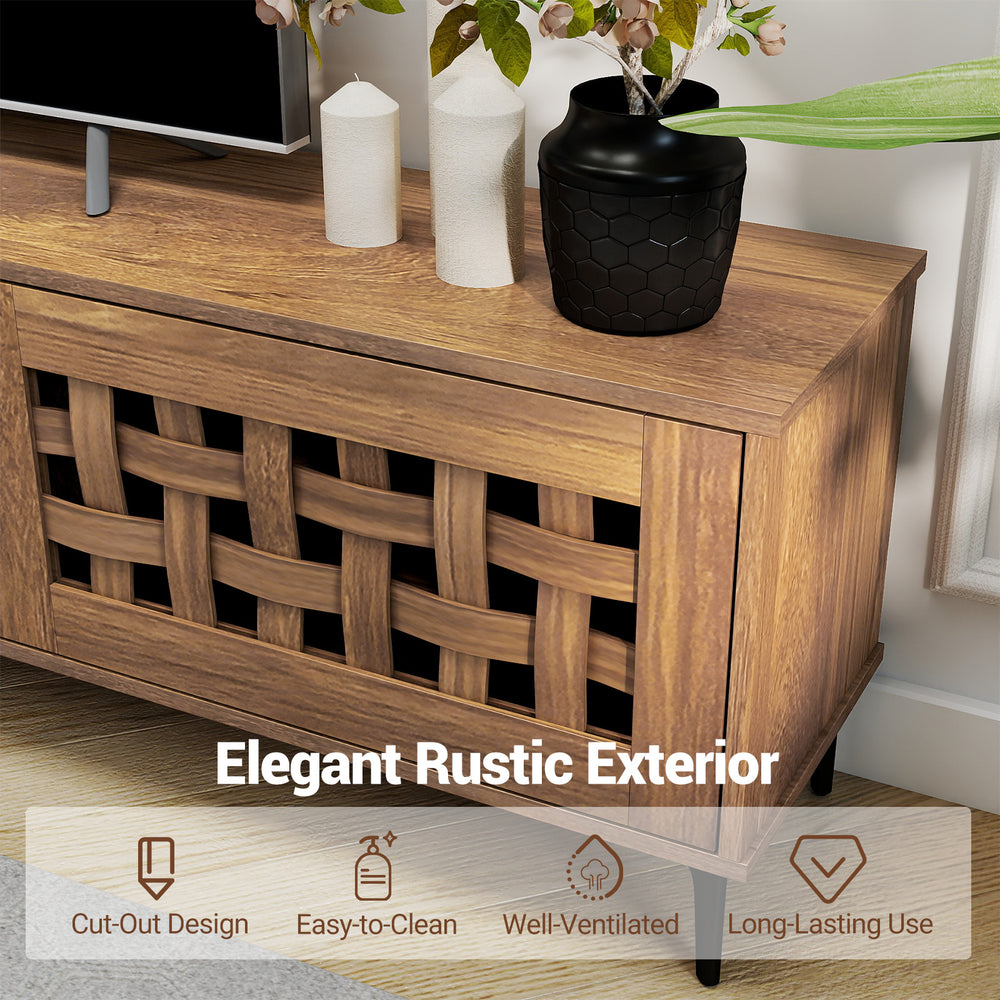 TV stand featuring an elegant rustic exterior, cut-out design, and ample storage for TVs up to 80", perfect for living.
