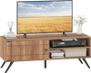 Mid-century modern TV stand in oak for TVs up to 55 inches, featuring open shelves and storage cabinet for media.