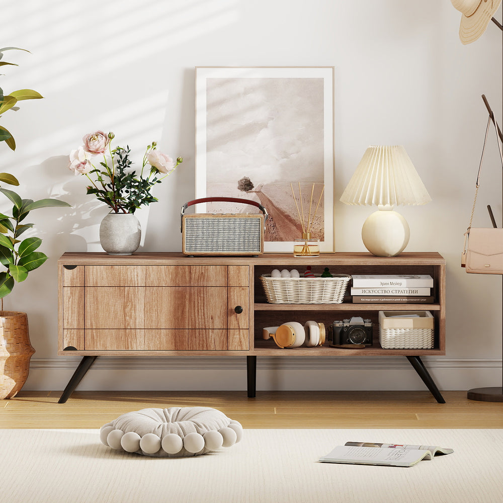 Mid-century modern TV stand in oak with textured surface, featuring open shelves and a stylish storage cabinet for.