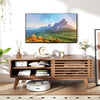 Brown TV stand for TVs up to 55" featuring sliding door, adjustable shelves, and splayed rubber wood legs for living.