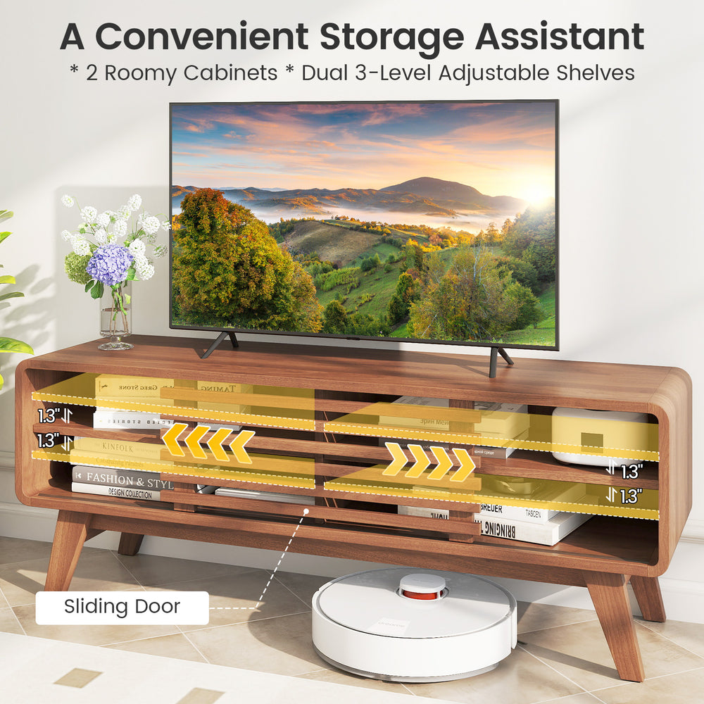 Brown TV stand for TVs up to 55" featuring sliding door, dual adjustable shelves, and spacious cabinets for living room.