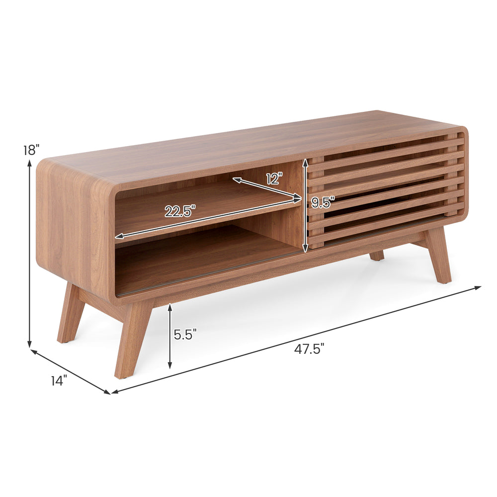 TV stand in brown with sliding door, adjustable shelves, and splayed rubber wood legs, designed for TVs up to 55".