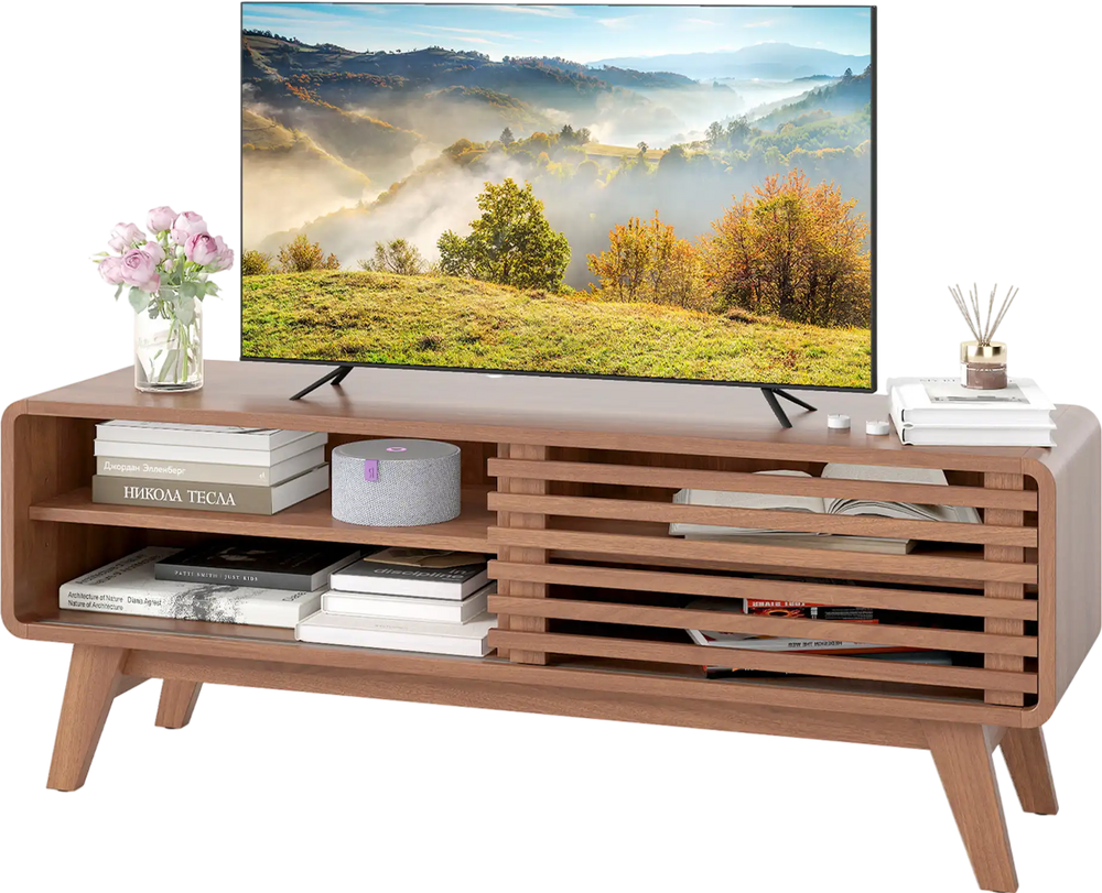 Brown TV stand with a splinter-free surface and stylish sliding door, ideal for displaying decor or media equipment.