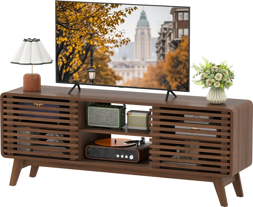 Walnut TV stand for TVs up to 65" featuring sliding doors, adjustable shelves, and mid-century design for living rooms.
