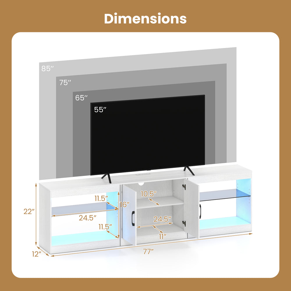 Dimensions of the white TV stand for TVs up to 85 inches, featuring adjustable shelves and built-in power outlets.