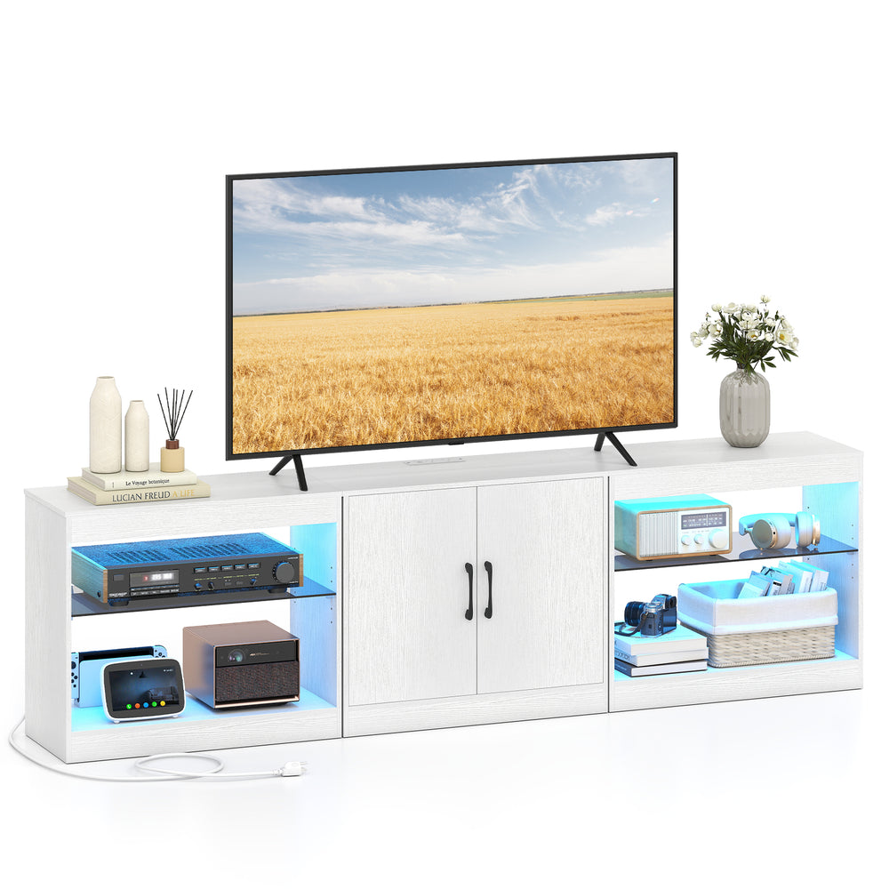 TV stand for TVs up to 85 inches with RGB LED lighting, storage cabinet, and built-in power outlets in white finish.