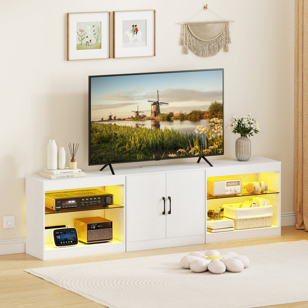 White TV stand for TVs up to 85 inches with RGB LED lighting, open shelves, and a 2-door cabinet for ample storage.