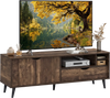 Rustic TV stand for TVs up to 65 inches with 2-door cabinet, open shelves, and large drawer for organized storage.
