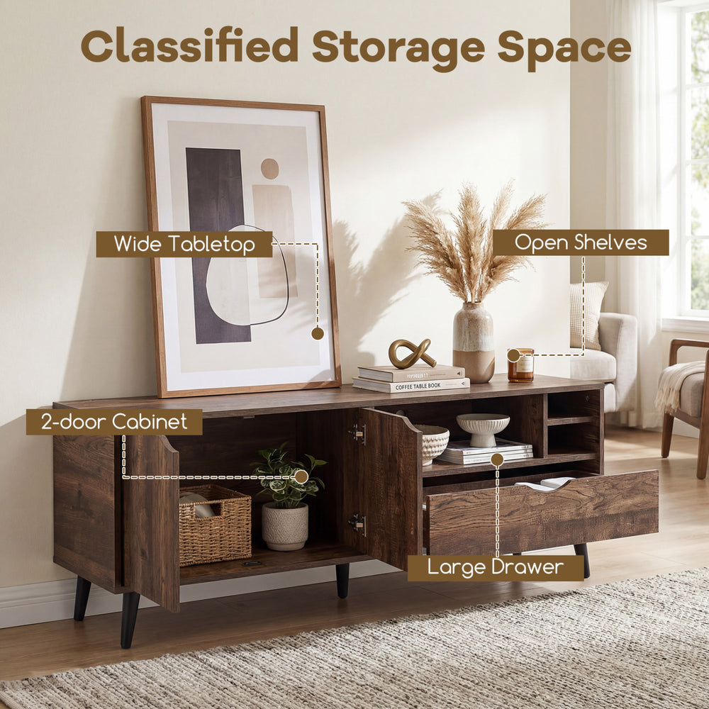 Rustic TV stand with wide tabletop, 2-door cabinet, and open shelves for organized storage in brown finish.