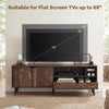 Rustic TV stand for flat screen TVs up to 65 inches, featuring open shelves, a large drawer, and soft close doors.