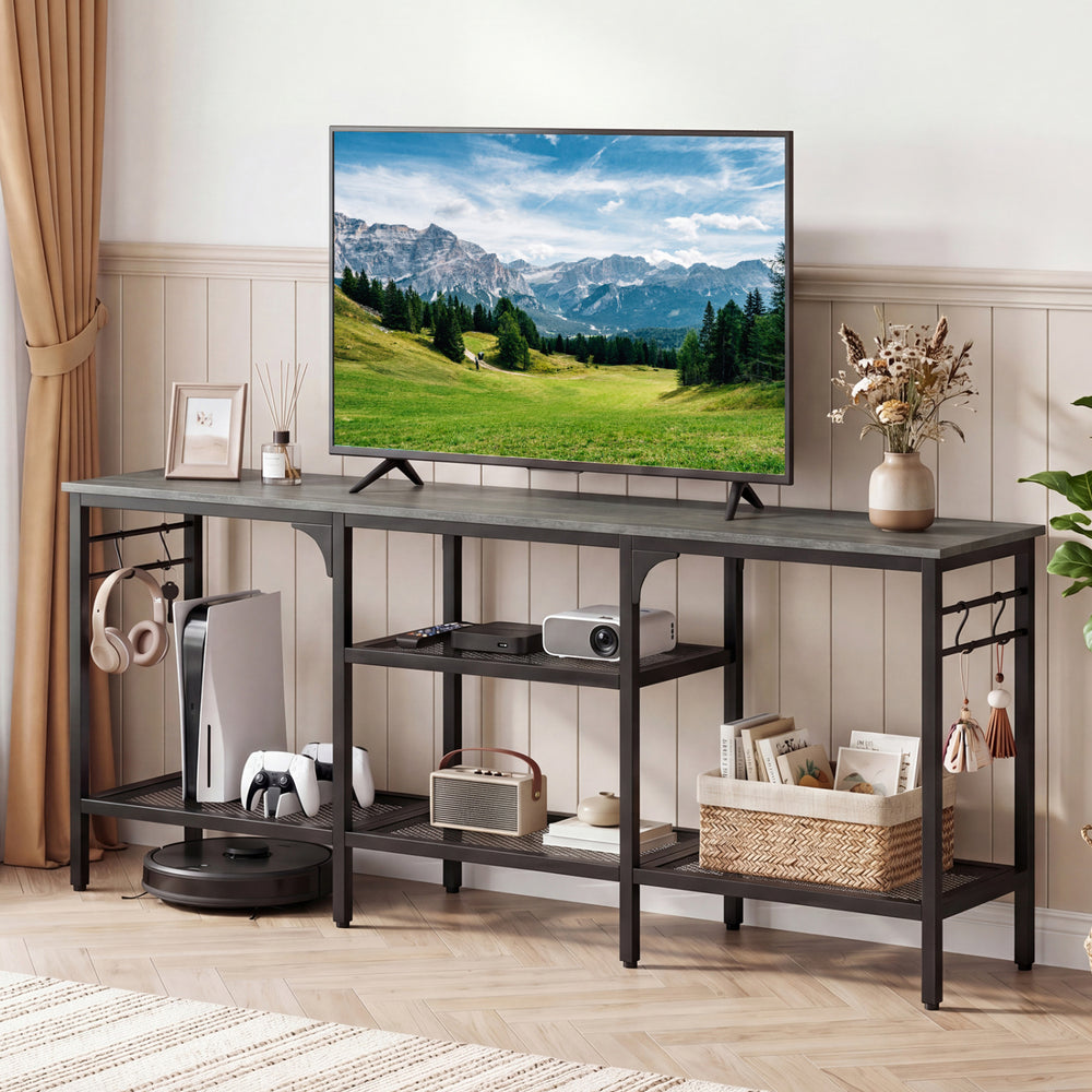 TV Stand for TVs up to 65 Inch with 3-Tier Open Shelves and 4 Hooks-Oak & Black - Gallery View 1 of 10