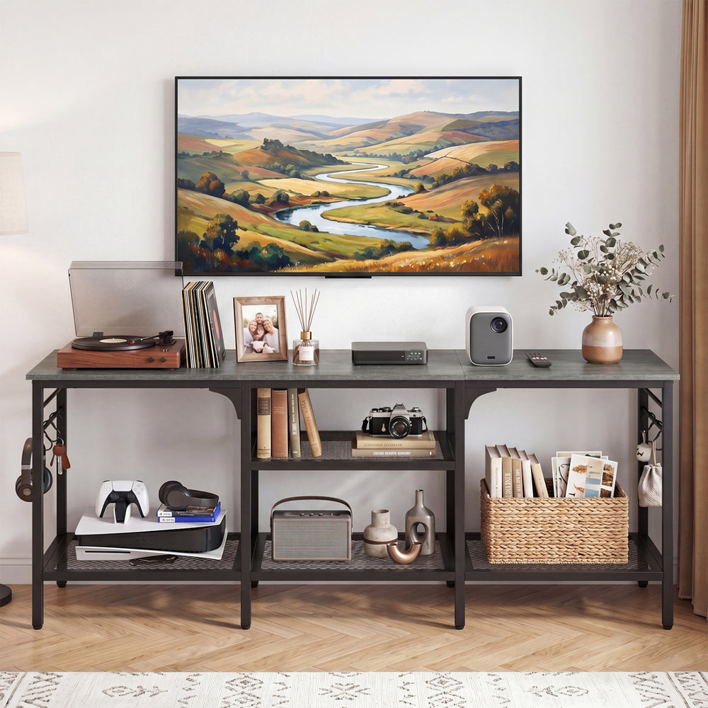 TV stand in oak and black with 3-tier open shelves and 4 hooks, ideal for TVs up to 65 inches and media storage.