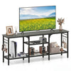TV stand with oak and black finish, featuring 3 open shelves and 4 hooks, suitable for TVs up to 65 inches.