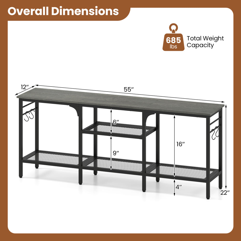 TV stand with 3-tier open shelves, hooks, and a sturdy black metal frame, suitable for TVs up to 65 inches.
