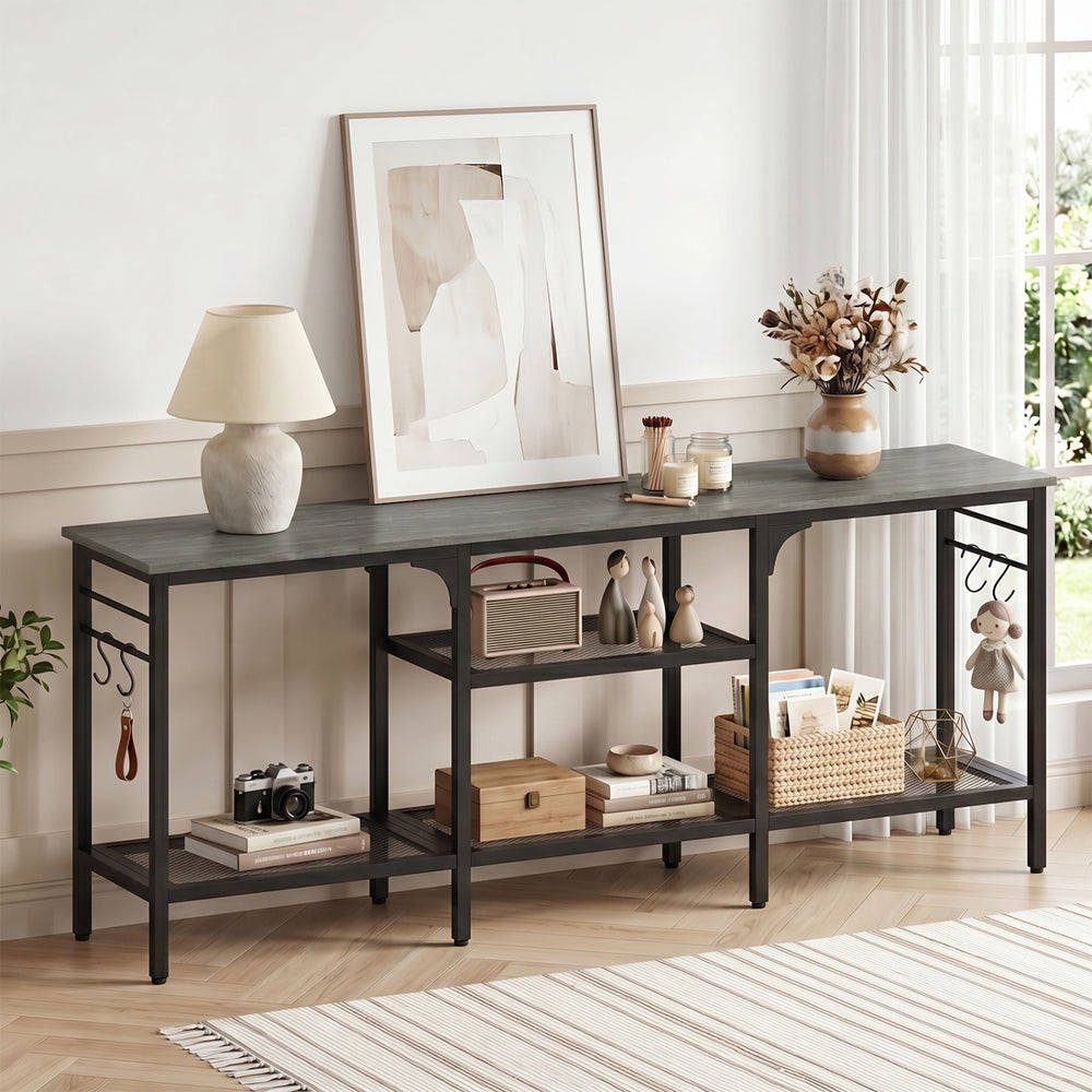TV stand for TVs up to 65 inches with oak and black finish, featuring 3 open shelves and 4 hooks for storage.