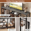 TV stand with spacious tabletop, 3-tier open shelves, and 4 hooks for organized media storage in oak and black finish.