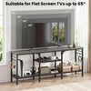 TV stand with spacious tabletop for TVs up to 65 inches, featuring 3 open shelves and 4 hooks for storage.