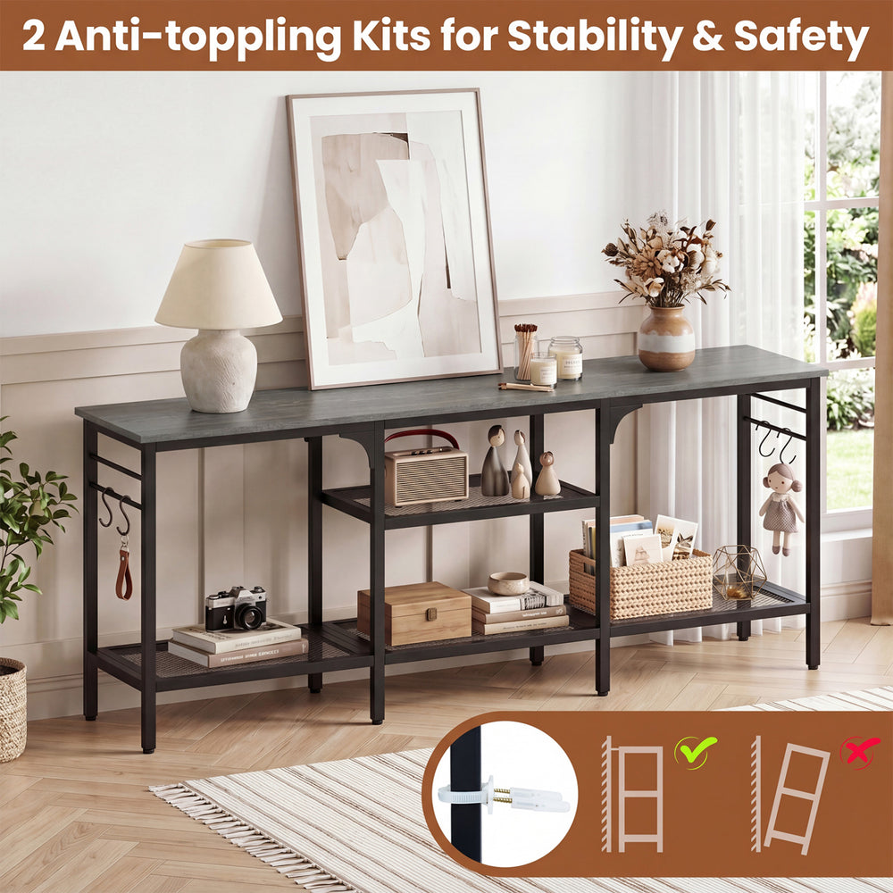 TV stand with oak and black finish, featuring 3 open shelves, 4 hooks, and anti-toppling kits for safety and stability.