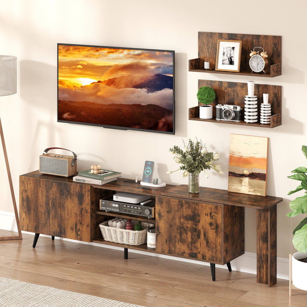 TV stand in brown for TVs up to 85 inches with two wall shelves, charging station, and ample storage space.