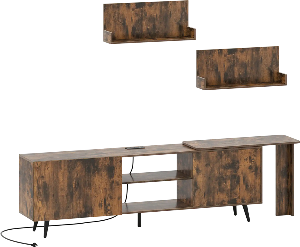 TV stand in brown for TVs up to 85 inches with two wall shelves and built-in charging station for versatile storage.