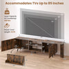 Detailed dimensions of the TV stand for TVs up to 85 inches, showcasing its size and storage capabilities in brown finish.