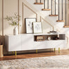Stylish white TV stand for TVs up to 70", featuring storage cabinets, raised metal legs, and an open shelf for decor.