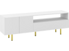 Minimalist white TV stand with raised metal legs, large drawer, and open shelf for versatile storage in any room.