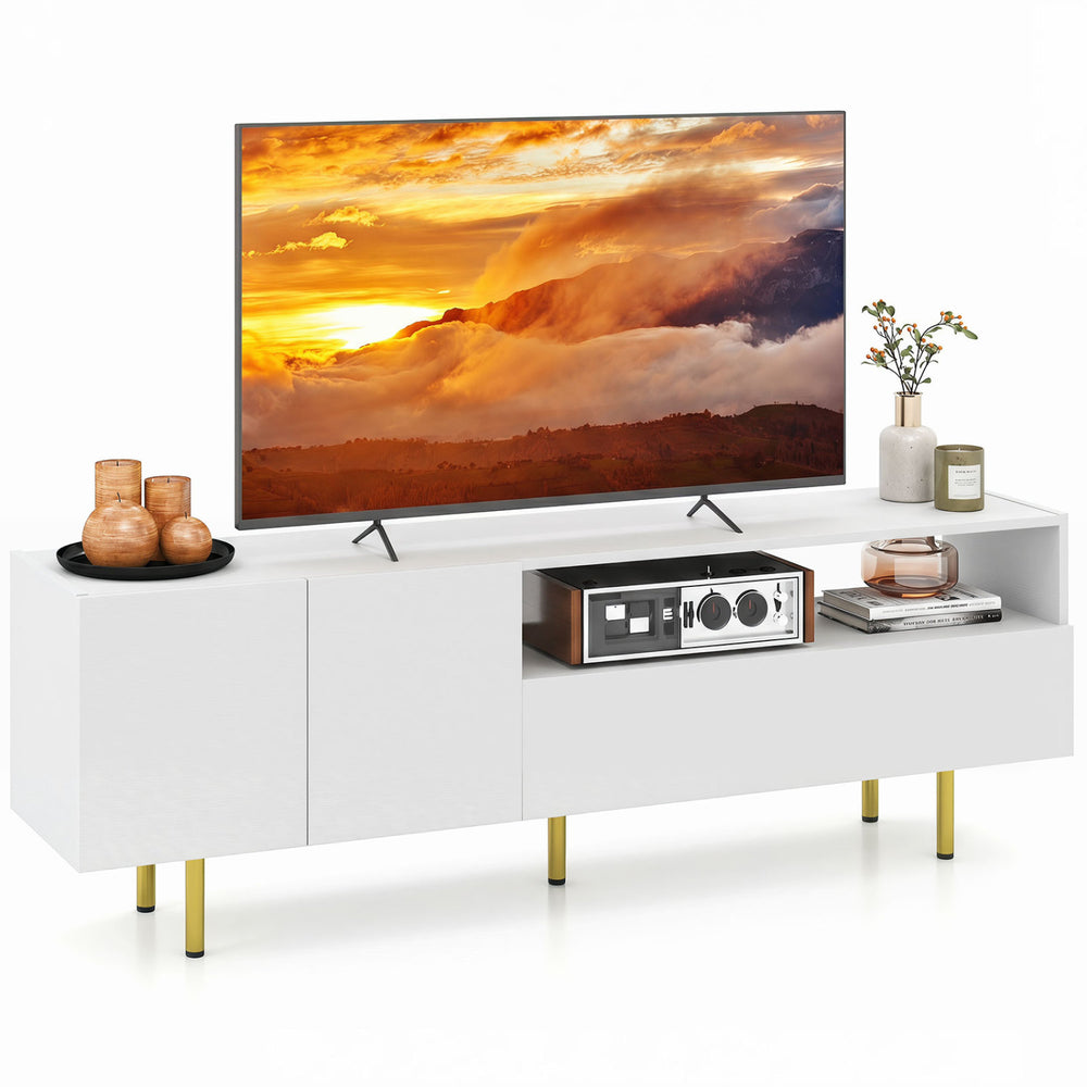 White TV stand for TVs up to 70" featuring a spacious tabletop, storage cabinet, and raised metal legs for stability.