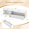 Dimensions of the white TV stand for TVs up to 70", featuring a large drawer and storage cabinet for organized space.