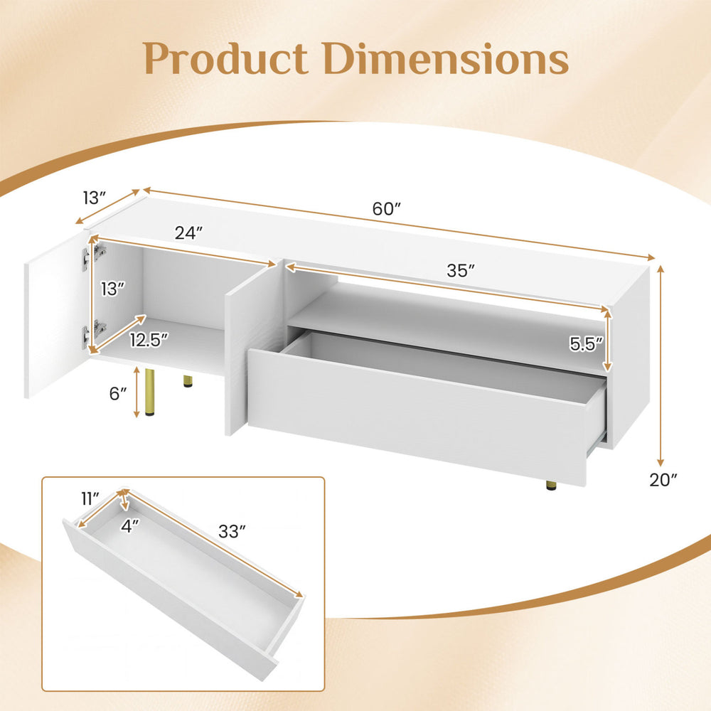 Dimensions of the white TV stand for TVs up to 70", featuring a large drawer and storage cabinet for organized space.