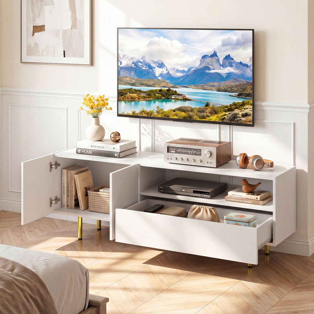 Stylish white TV stand for TVs up to 70", featuring storage cabinet, large drawer, and raised metal legs for stability.