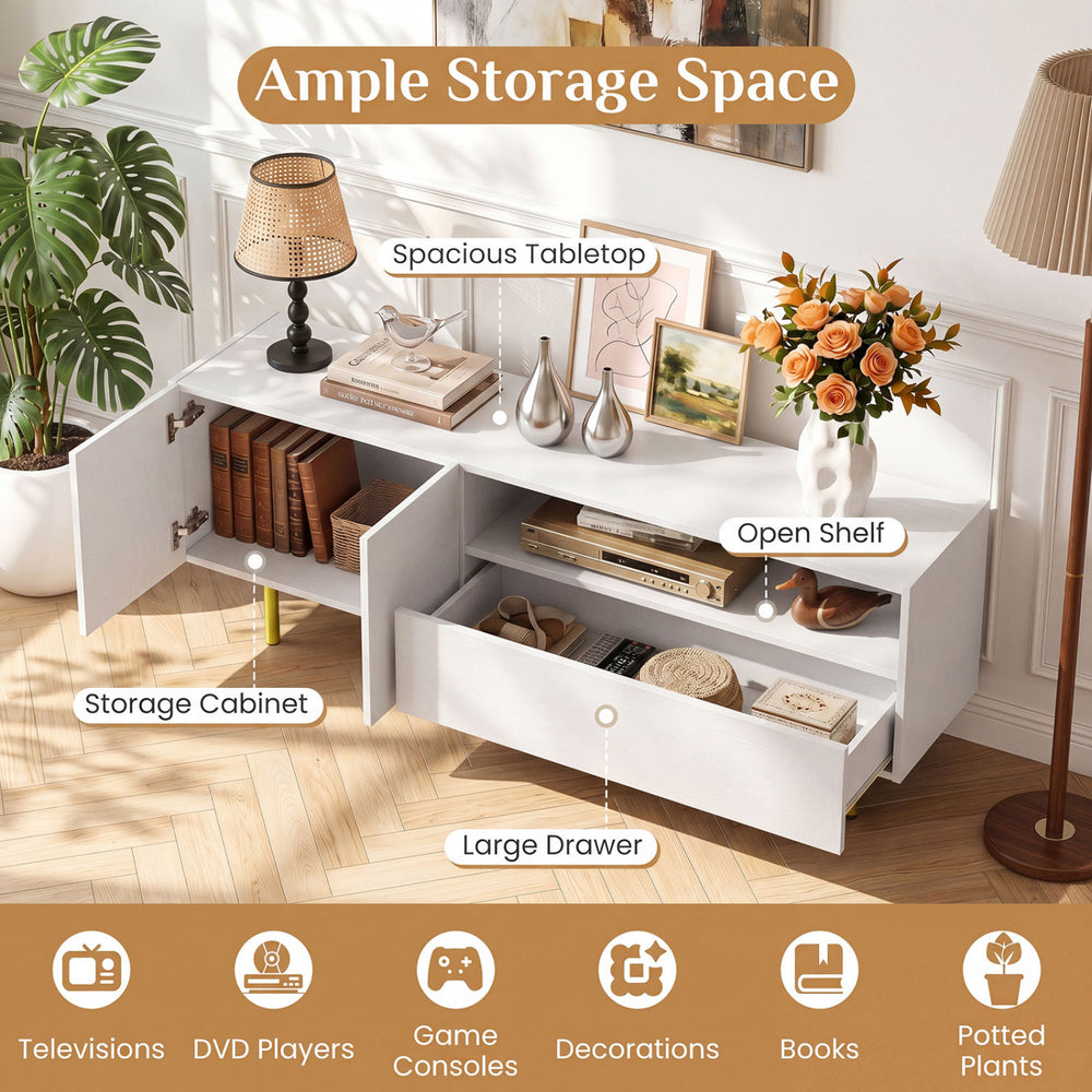 White TV stand for TVs up to 70" featuring a spacious tabletop, storage cabinet, large drawer, and raised metal legs.