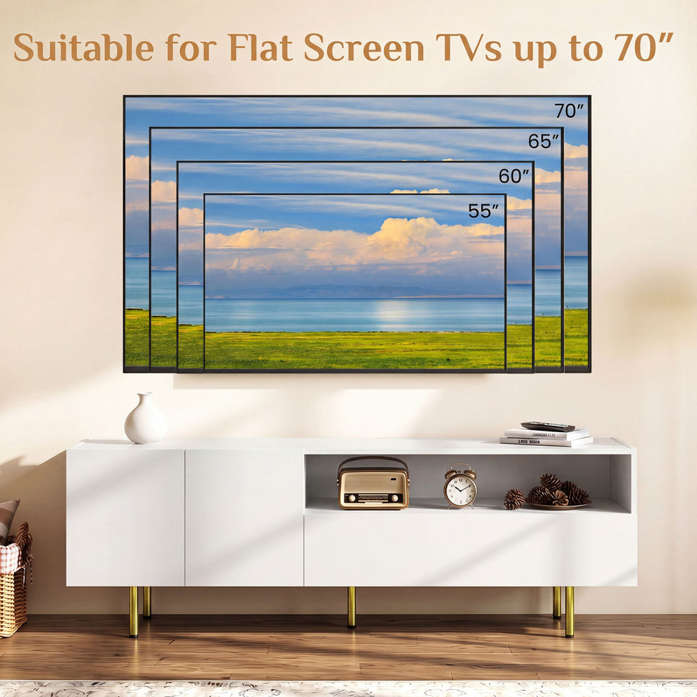 TV stand in white for flat screen TVs up to 70", featuring storage cabinet, open shelf, and raised metal legs.