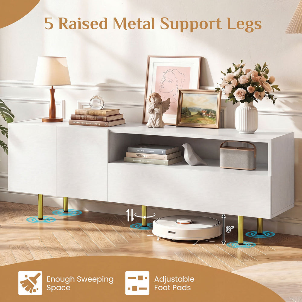 TV stand with raised metal legs, open shelf, and storage cabinet, suitable for TVs up to 70" in living room or bedroom.