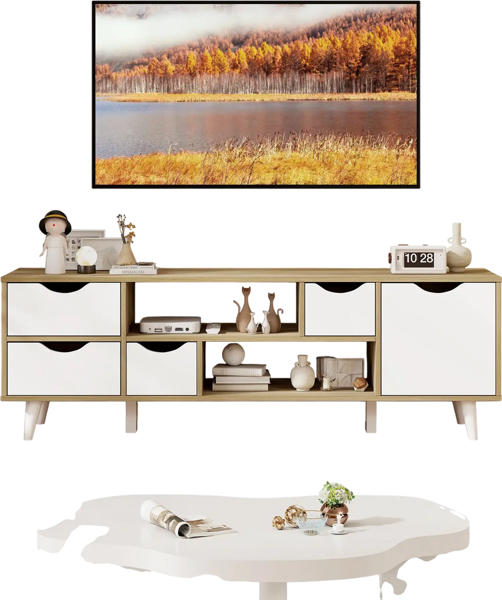 TV stand for TVs up to 55” with 4 drawers and 2 open shelves in oak finish, featuring a sleek modern design.
