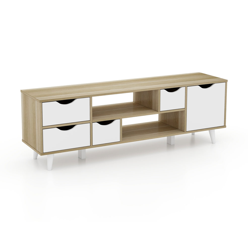 Oak TV stand with 4 drawers and 2 open shelves, showcasing a sleek design and adjustable shelf for versatile storage.