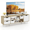 TV stand in oak finish with 4 drawers and 2 open shelves, designed for TVs up to 55” for stylish media storage.