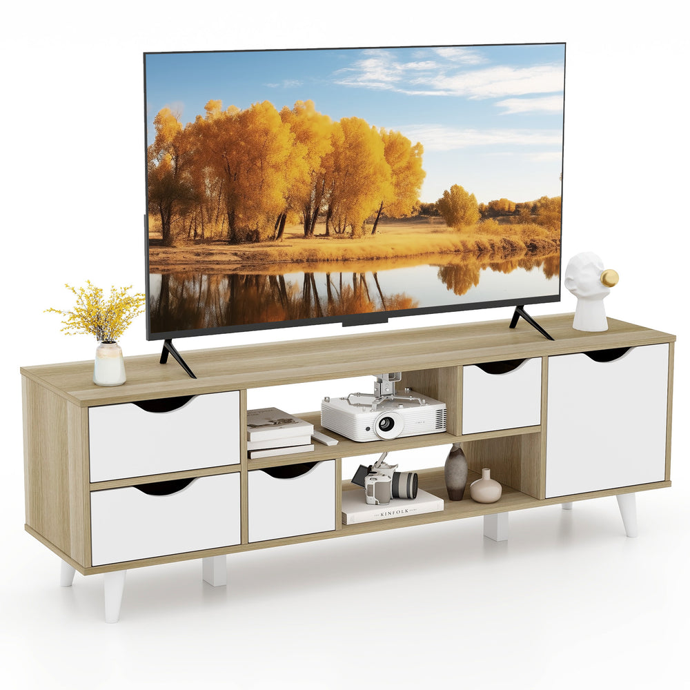 TV stand in oak finish with 4 drawers and 2 open shelves, designed for TVs up to 55” for stylish media storage.