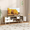 TV stand in oak finish for TVs up to 55”, featuring 4 drawers and 2 open shelves for versatile media storage.