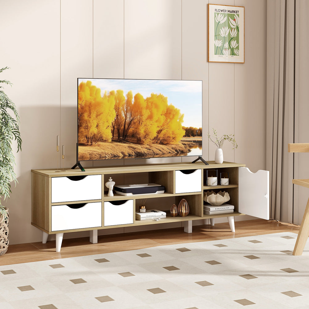 TV stand in oak finish for TVs up to 55”, featuring 4 drawers and 2 open shelves for versatile media storage.