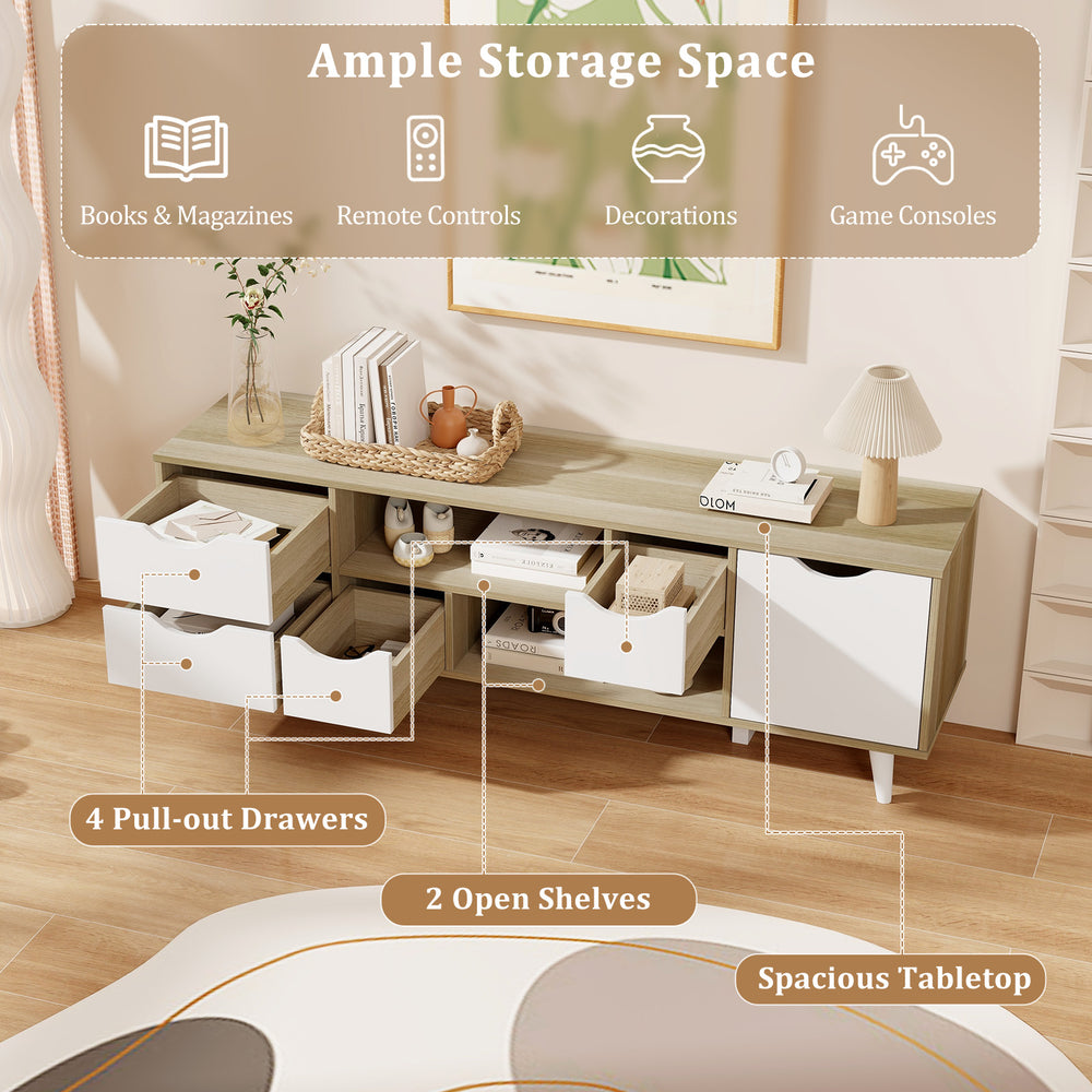 TV stand in oak with 4 pull-out drawers and 2 open shelves, designed for TVs up to 55”, offering ample media storage.