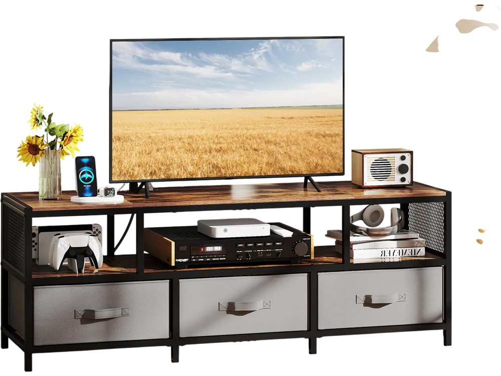 TV stand in rustic brown with 3-tier storage, built-in power outlets, and USB charging for TVs up to 65 inches.