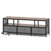 TV stand with rustic brown finish, featuring 3 removable fabric drawers and built-in power outlets for TVs up to 70.