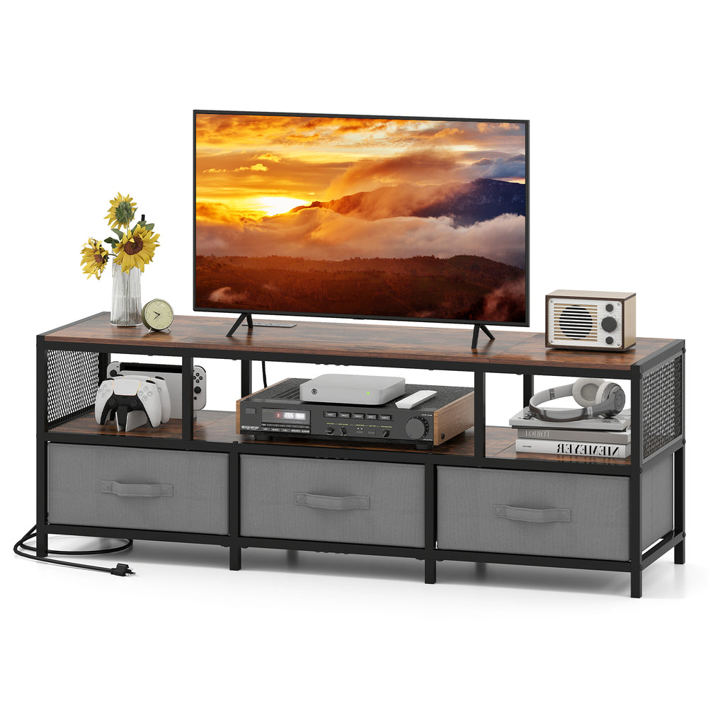 Rustic brown TV stand with 3-tier storage, built-in power outlets, and USB charging for TVs up to 65 inches.