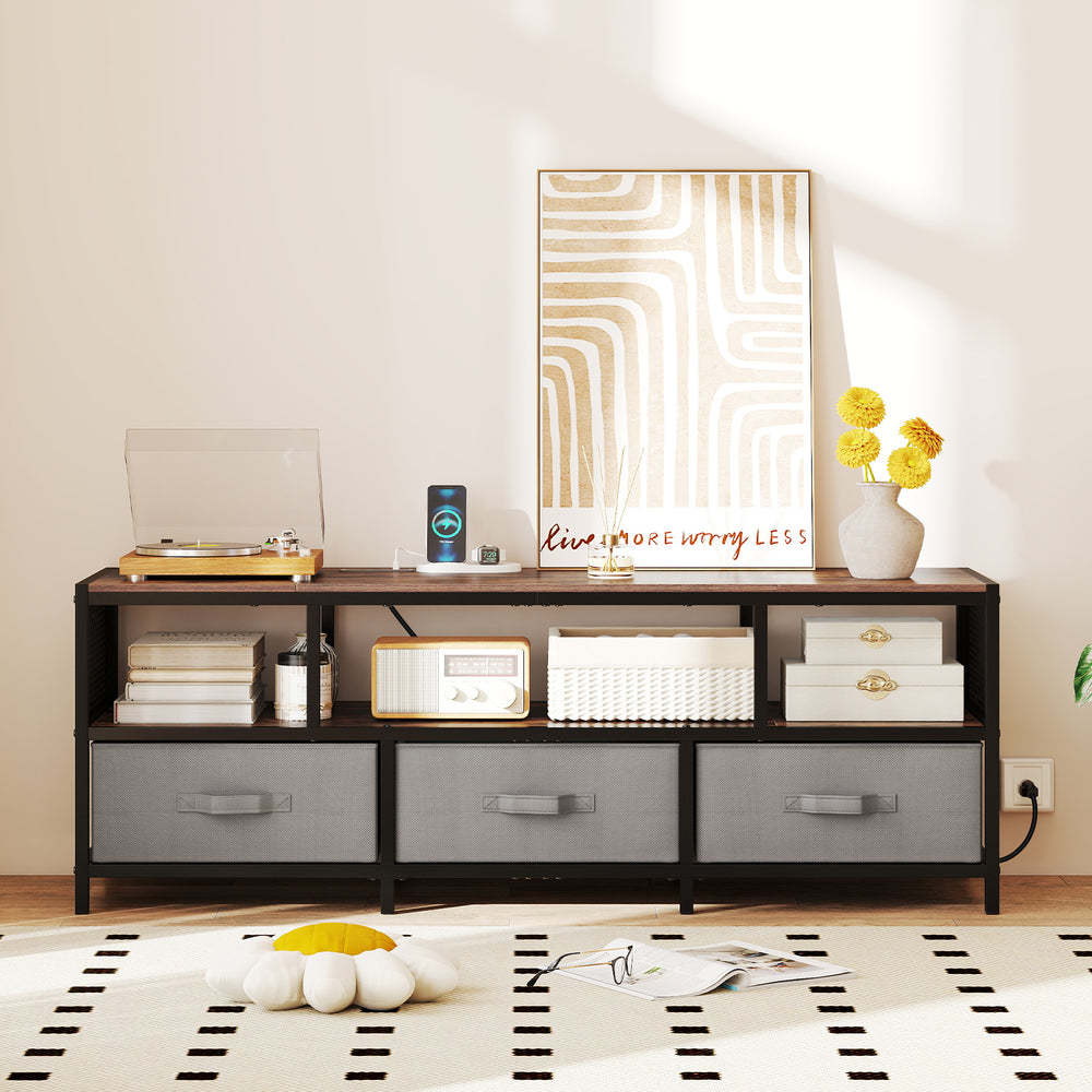 Rustic brown TV stand showcasing a sleek surface, 3-tier design, and built-in charging ports for easy device.