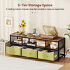 TV stand with rustic brown finish, featuring 3 removable fabric drawers and built-in power outlets for organized.