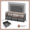TV stand in rustic brown with 55" tabletop, 3-tier storage, and built-in power outlets for TVs up to 65 inches.