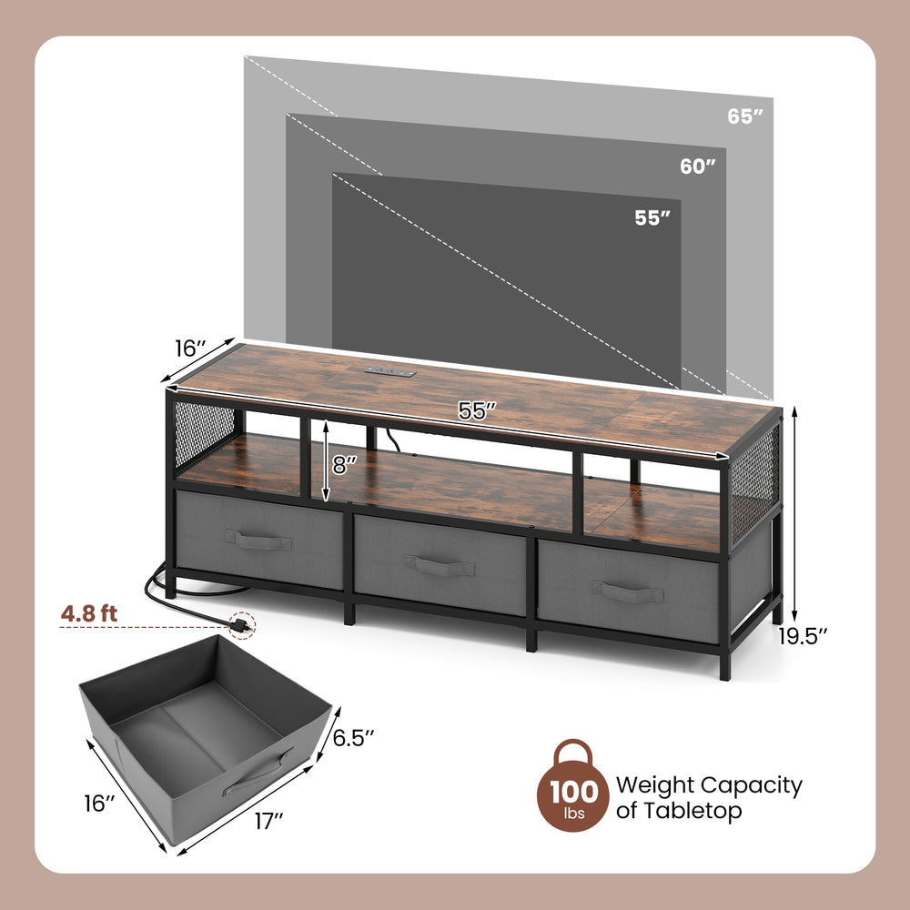 TV stand in rustic brown with 55" tabletop, 3-tier storage, and built-in power outlets for TVs up to 65 inches.
